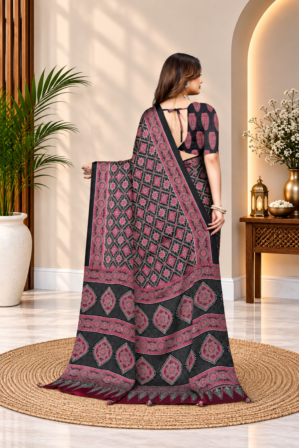 OWLSKY, SASSY & STYLO Womens Japan Satin Saree with Foil Print | Traditional Printed Saree with Unstitched Blouse | Festive Wear Saree for Women | Ethnic Designer Saree Dark Purple