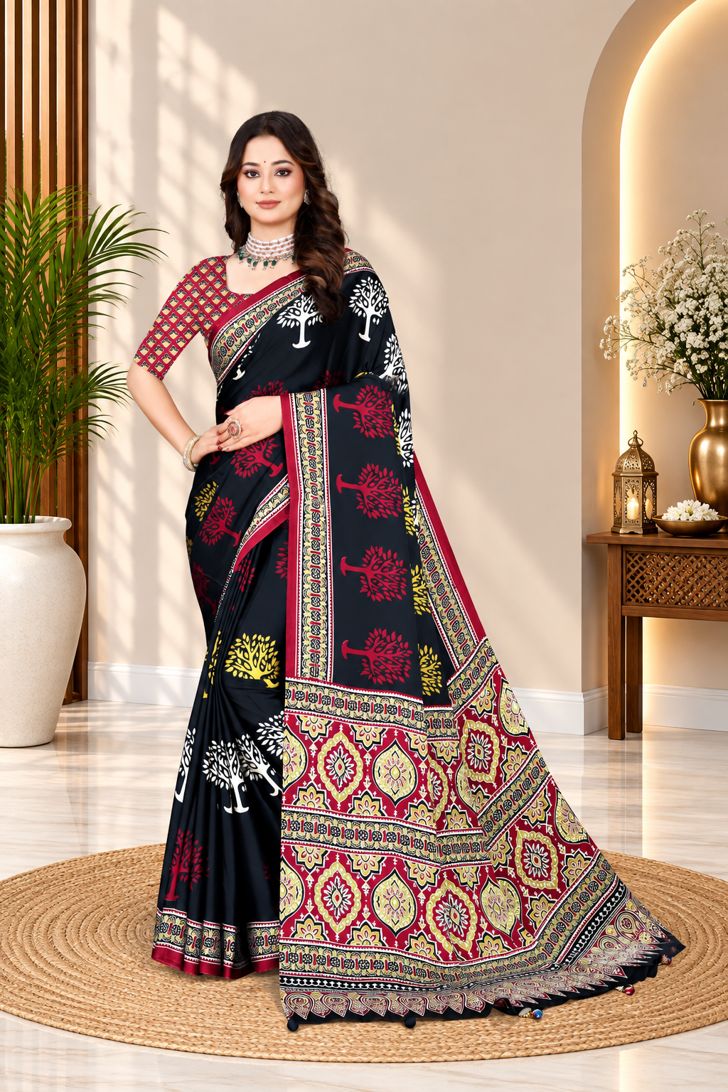 OWLSKY, SASSY & STYLO Womens Japan Satin Saree with Foil Print | Traditional Printed Saree with Unstitched Blouse | Festive Wear Saree for Women | Ethnic Designer Saree Black