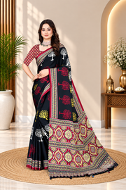 OWLSKY, SASSY & STYLO Womens Japan Satin Saree with Foil Print | Traditional Printed Saree with Unstitched Blouse | Festive Wear Saree for Women | Ethnic Designer Saree Black