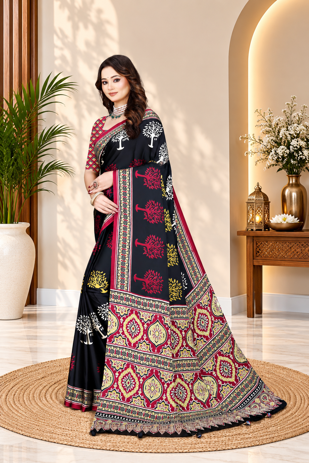 OWLSKY, SASSY & STYLO Womens Japan Satin Saree with Foil Print | Traditional Printed Saree with Unstitched Blouse | Festive Wear Saree for Women | Ethnic Designer Saree Black