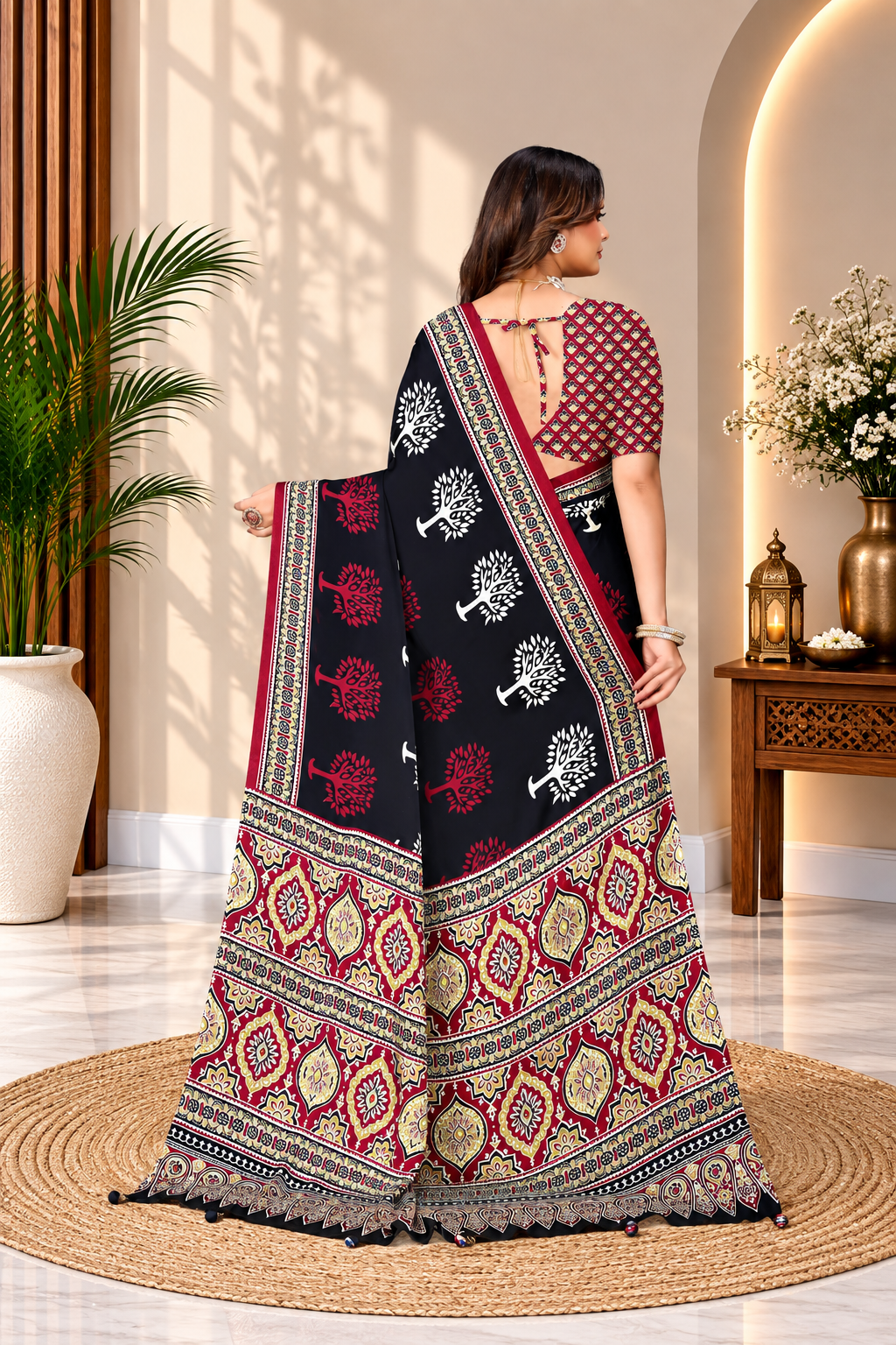 OWLSKY, SASSY & STYLO Womens Japan Satin Saree with Foil Print | Traditional Printed Saree with Unstitched Blouse | Festive Wear Saree for Women | Ethnic Designer Saree Black