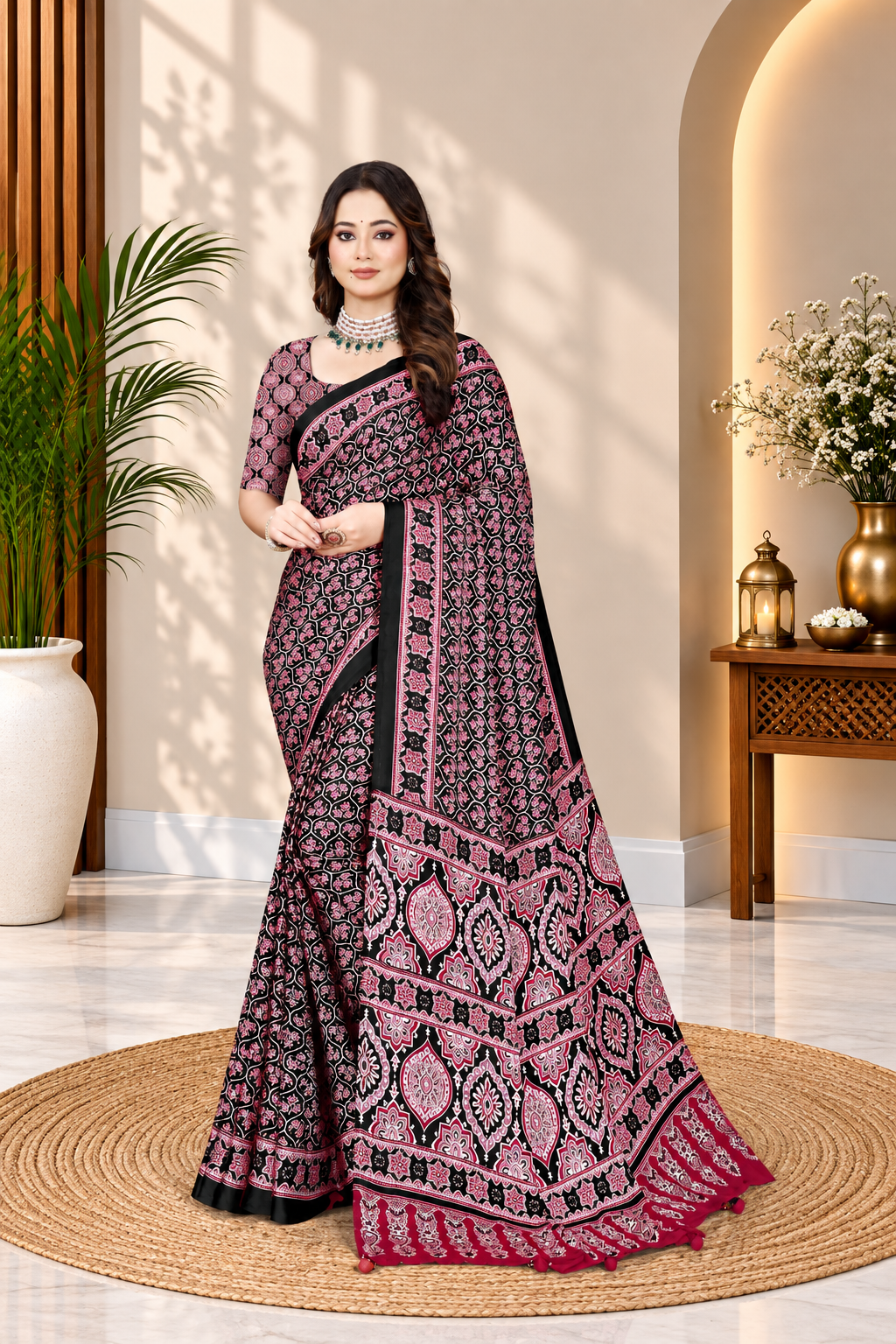 OWLSKY, SASSY & STYLO Womens Japan Satin Saree with Foil Print | Traditional Printed Saree with Unstitched Blouse | Festive Wear Saree for Women | Ethnic Designer Saree Purple