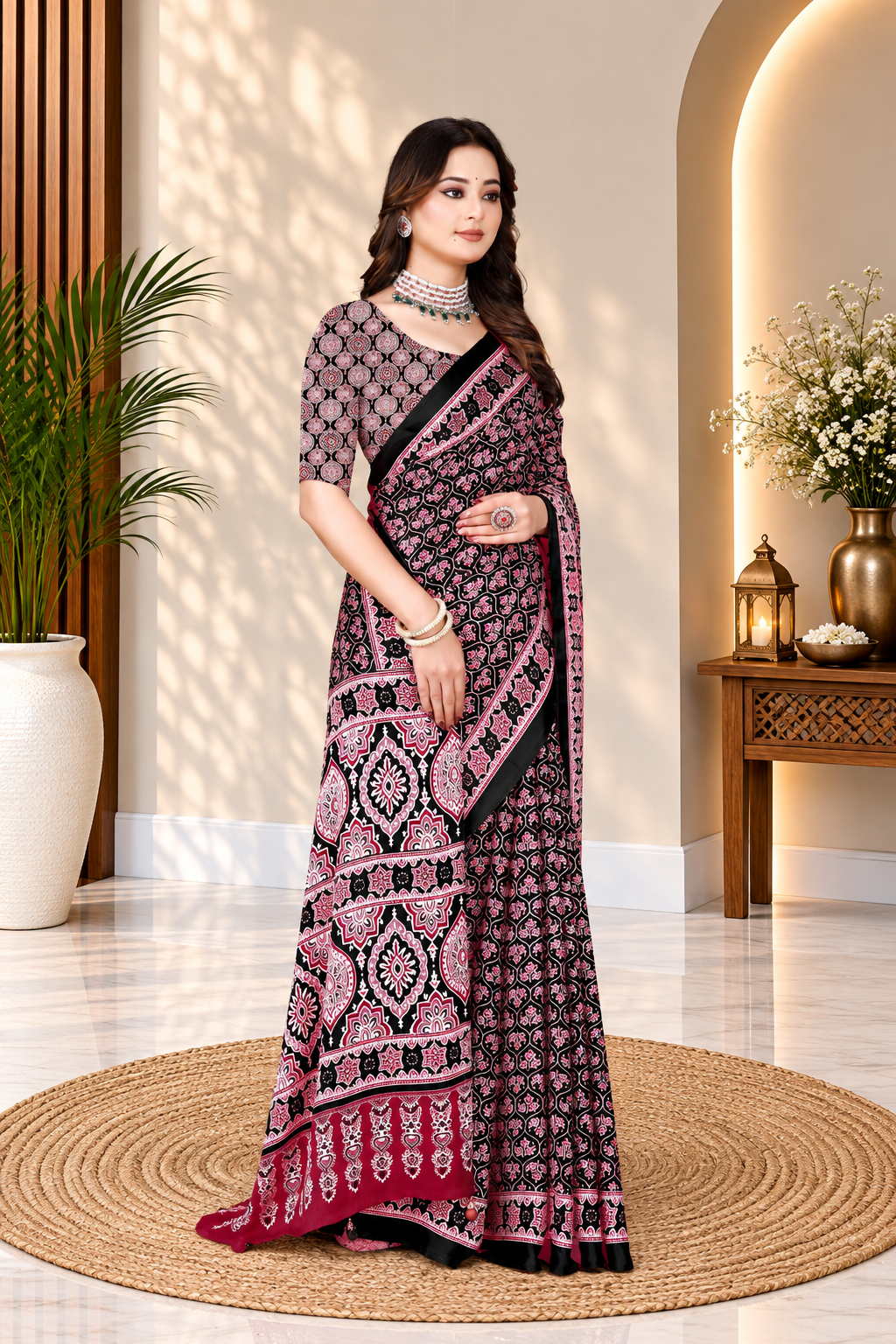 OWLSKY, SASSY & STYLO Womens Japan Satin Saree with Foil Print | Traditional Printed Saree with Unstitched Blouse | Festive Wear Saree for Women | Ethnic Designer Saree Purple