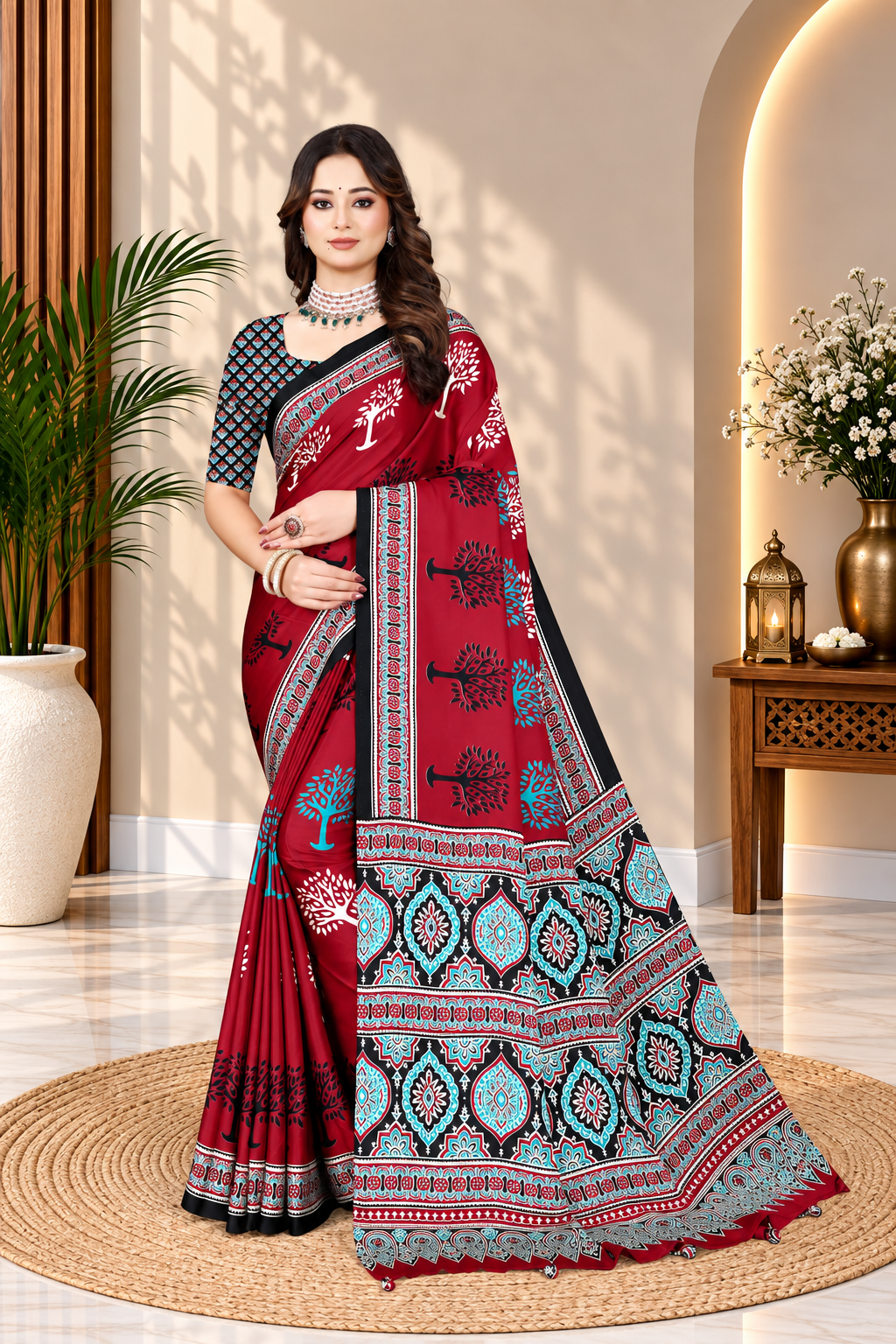 OWLSKY, SASSY & STYLO Womens Japan Satin Saree with Foil Print | Traditional Printed Saree with Unstitched Blouse | Festive Wear Saree for Women | Ethnic Designer Saree Red