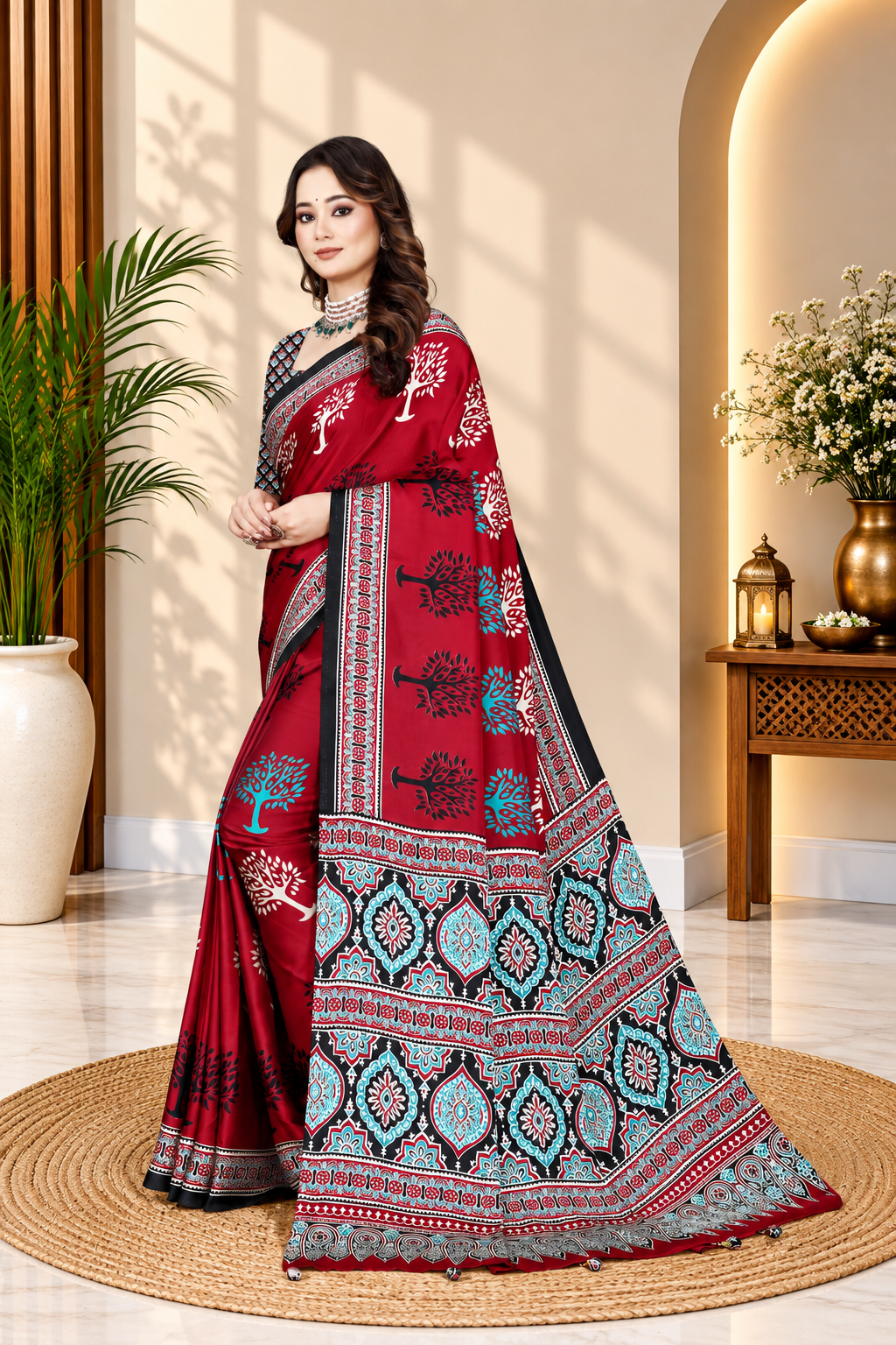 OWLSKY, SASSY & STYLO Womens Japan Satin Saree with Foil Print | Traditional Printed Saree with Unstitched Blouse | Festive Wear Saree for Women | Ethnic Designer Saree Red