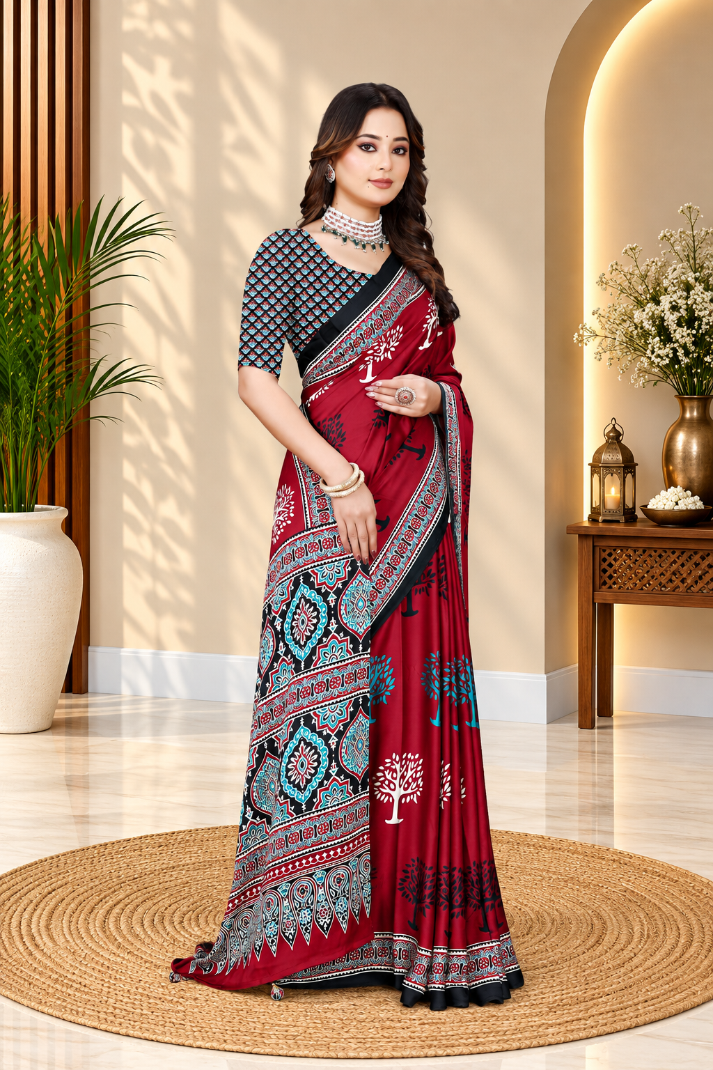 OWLSKY, SASSY & STYLO Womens Japan Satin Saree with Foil Print | Traditional Printed Saree with Unstitched Blouse | Festive Wear Saree for Women | Ethnic Designer Saree Red