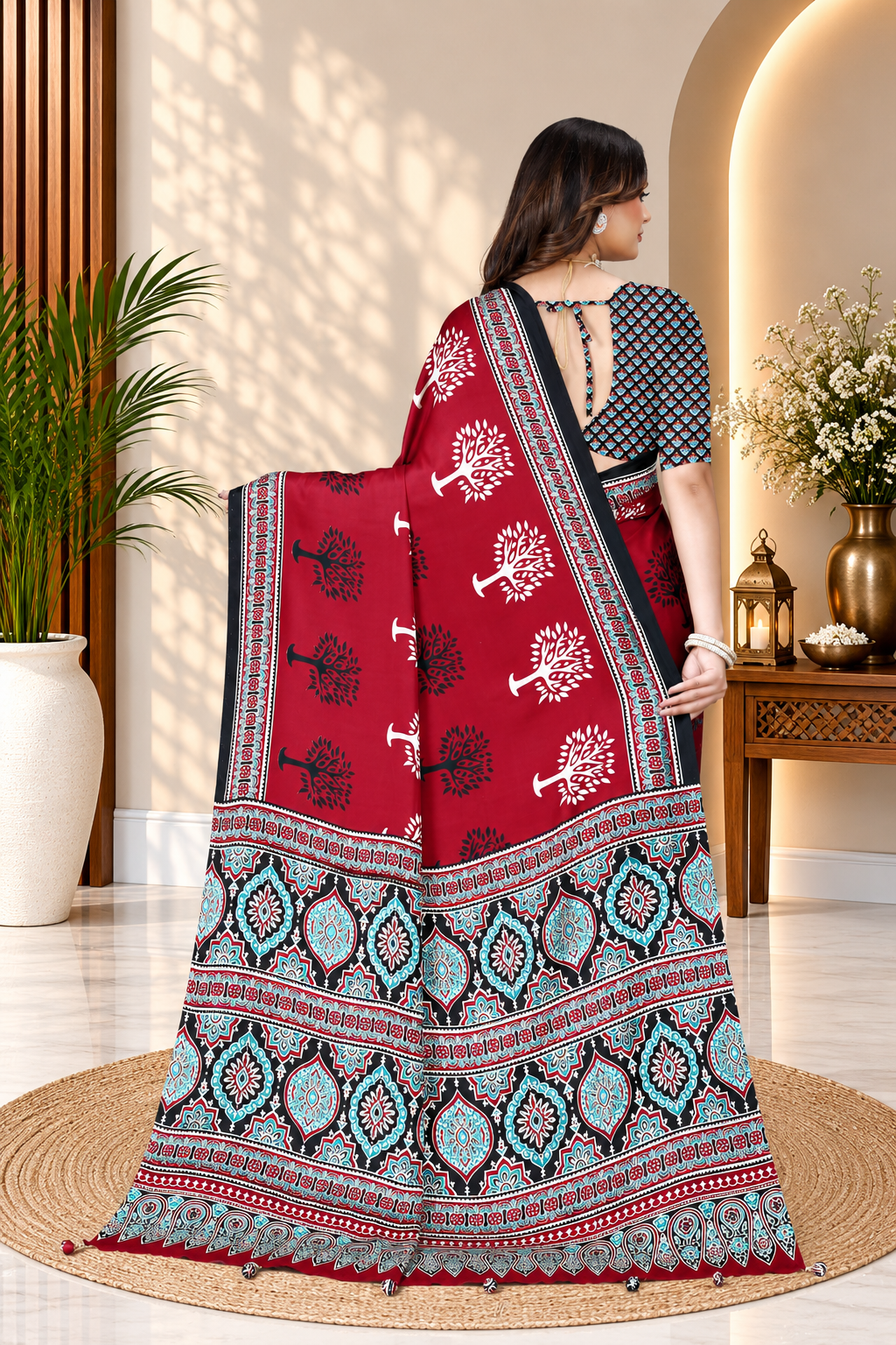 OWLSKY, SASSY & STYLO Womens Japan Satin Saree with Foil Print | Traditional Printed Saree with Unstitched Blouse | Festive Wear Saree for Women | Ethnic Designer Saree Red