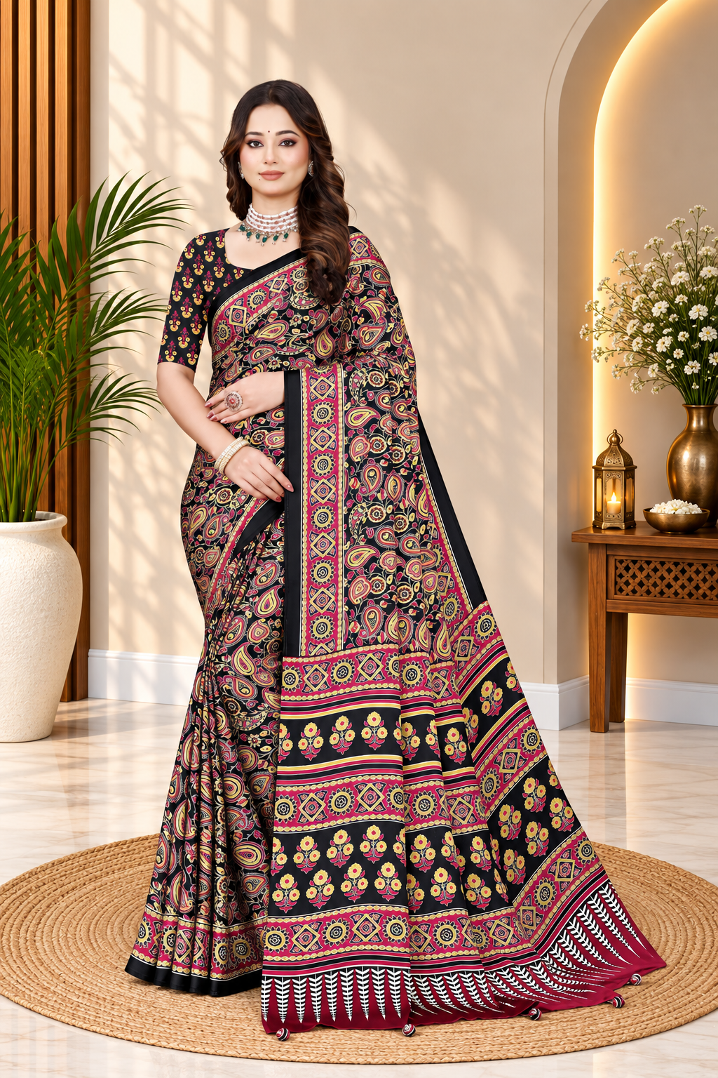 OWLSKY, SASSY & STYLO Womens Japan Satin Saree with Foil Print | Traditional Printed Saree with Unstitched Blouse | Festive Wear Saree for Women | Ethnic Designer Saree Brown