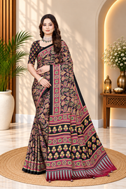 OWLSKY, SASSY & STYLO Womens Japan Satin Saree with Foil Print | Traditional Printed Saree with Unstitched Blouse | Festive Wear Saree for Women | Ethnic Designer Saree Brown
