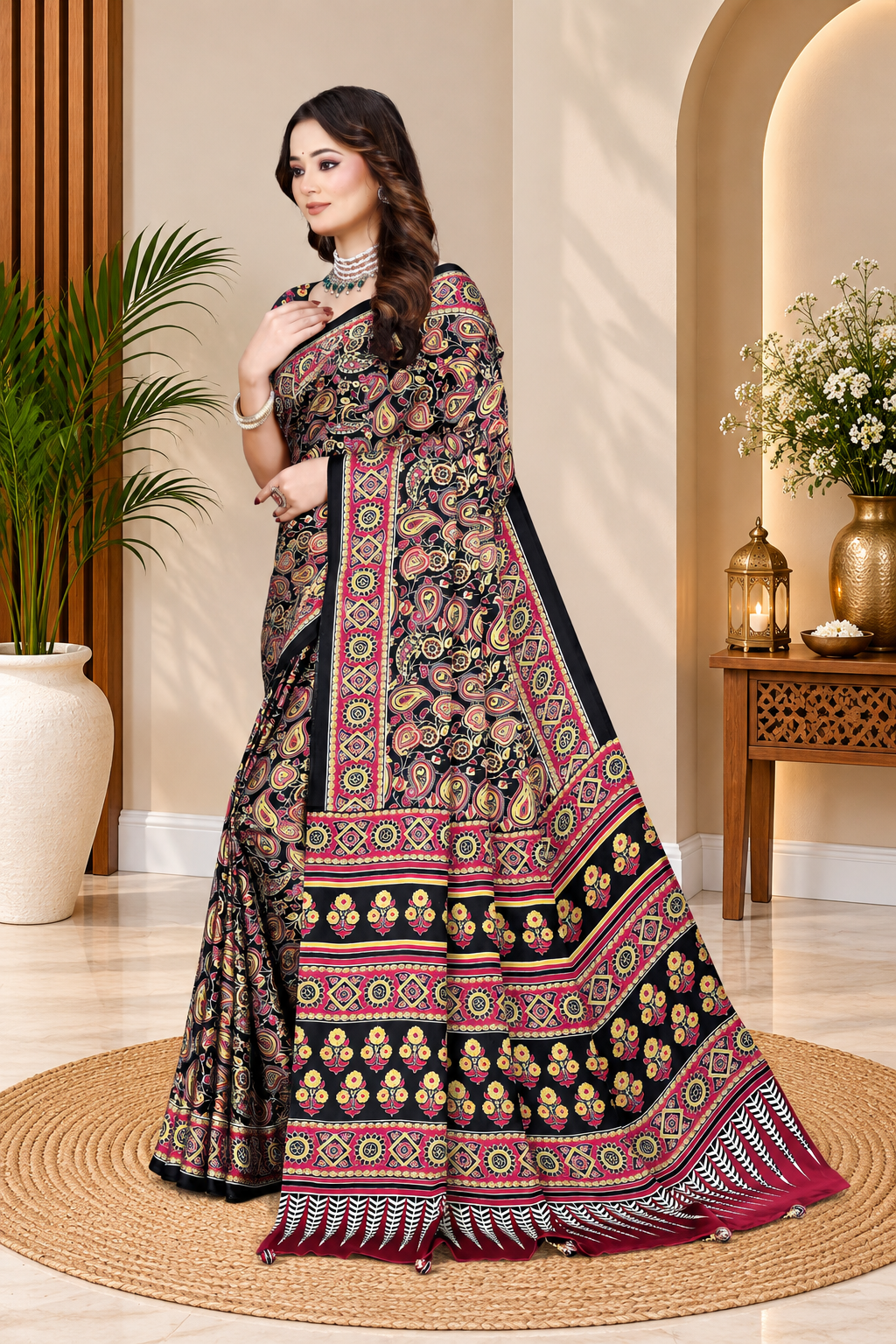 OWLSKY, SASSY & STYLO Womens Japan Satin Saree with Foil Print | Traditional Printed Saree with Unstitched Blouse | Festive Wear Saree for Women | Ethnic Designer Saree Brown