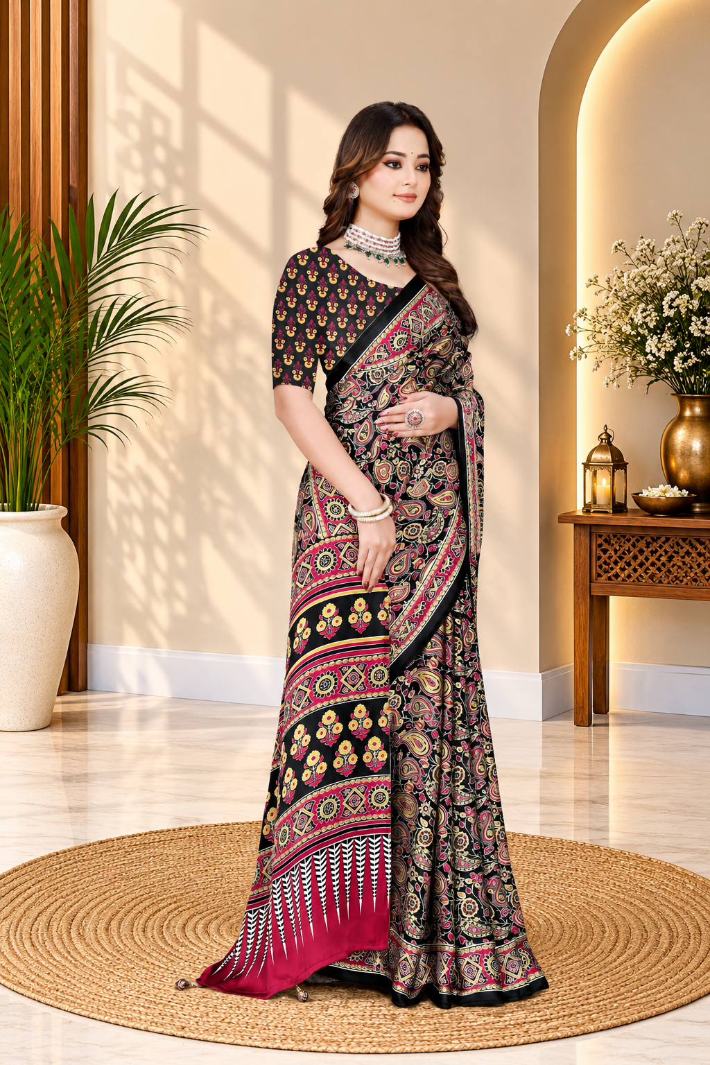 OWLSKY, SASSY & STYLO Womens Japan Satin Saree with Foil Print | Traditional Printed Saree with Unstitched Blouse | Festive Wear Saree for Women | Ethnic Designer Saree Brown