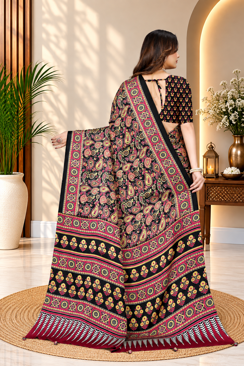 OWLSKY, SASSY & STYLO Womens Japan Satin Saree with Foil Print | Traditional Printed Saree with Unstitched Blouse | Festive Wear Saree for Women | Ethnic Designer Saree Brown