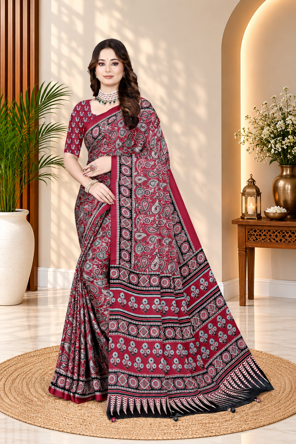 OWLSKY, SASSY & STYLO Womens Japan Satin Saree with Foil Print | Traditional Printed Saree with Unstitched Blouse | Festive Wear Saree for Women | Ethnic Designer Saree Dark Red