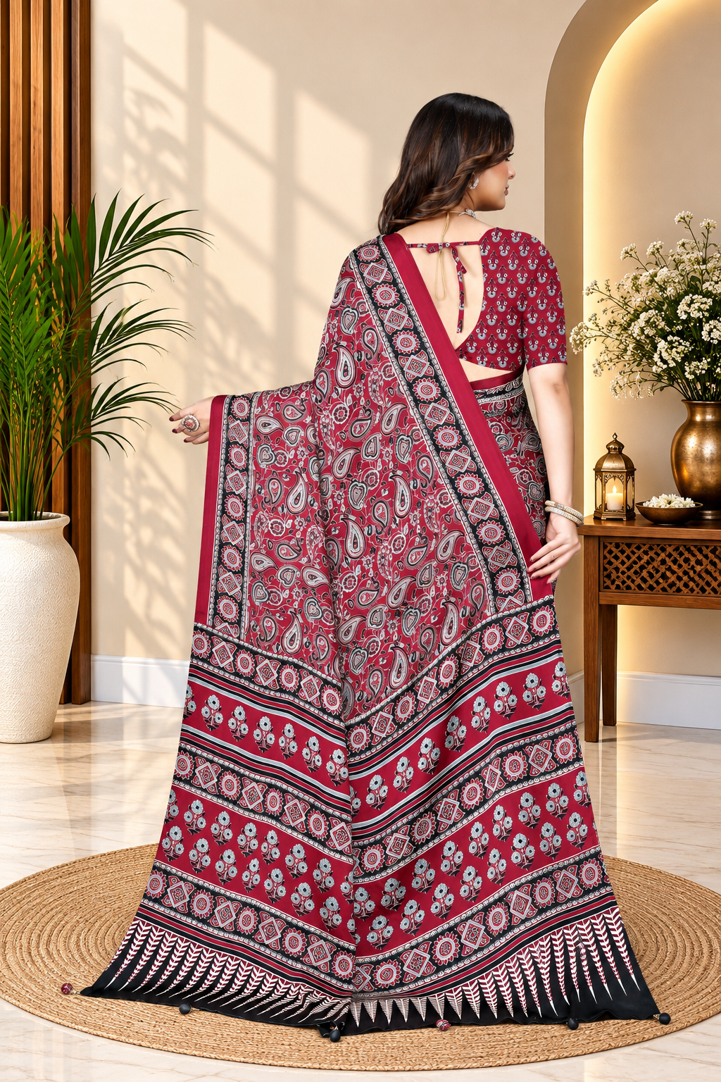 OWLSKY, SASSY & STYLO Womens Japan Satin Saree with Foil Print | Traditional Printed Saree with Unstitched Blouse | Festive Wear Saree for Women | Ethnic Designer Saree Dark Red