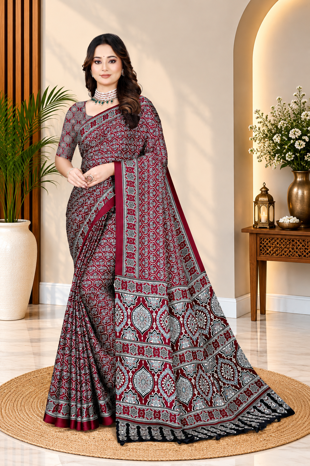 OWLSKY, SASSY & STYLO Womens Japan Satin Saree with Foil Print | Traditional Printed Saree with Unstitched Blouse | Festive Wear Saree for Women | Ethnic Designer Saree Maroon