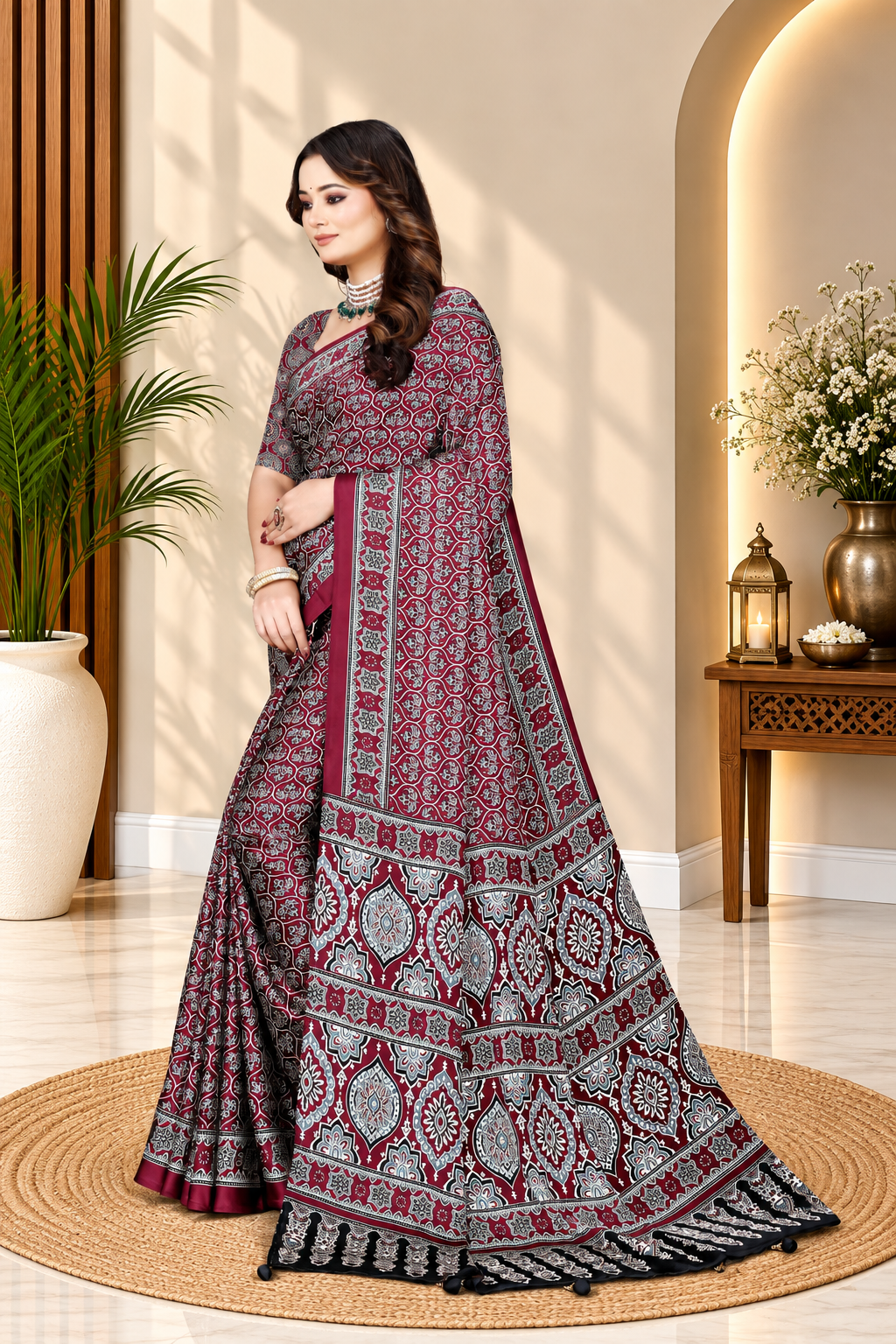 OWLSKY, SASSY & STYLO Womens Japan Satin Saree with Foil Print | Traditional Printed Saree with Unstitched Blouse | Festive Wear Saree for Women | Ethnic Designer Saree Maroon