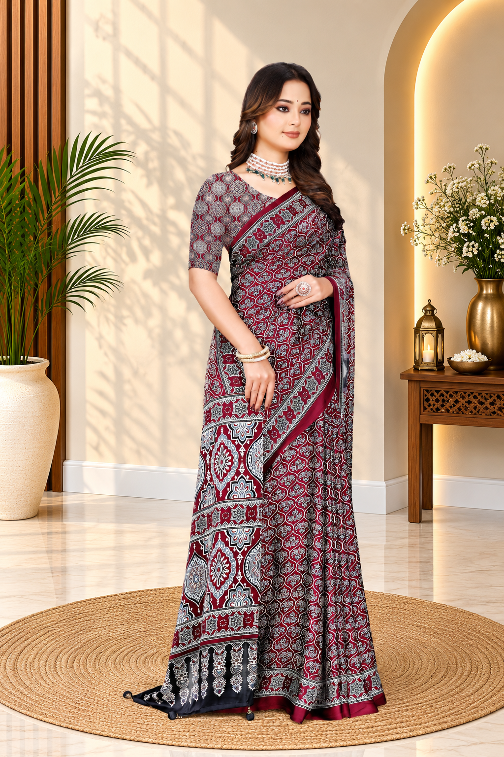 OWLSKY, SASSY & STYLO Womens Japan Satin Saree with Foil Print | Traditional Printed Saree with Unstitched Blouse | Festive Wear Saree for Women | Ethnic Designer Saree Maroon