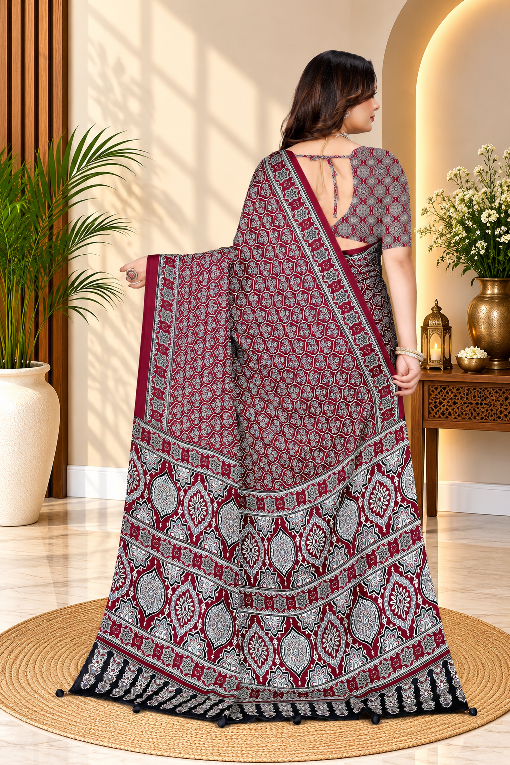 OWLSKY, SASSY & STYLO Womens Japan Satin Saree with Foil Print | Traditional Printed Saree with Unstitched Blouse | Festive Wear Saree for Women | Ethnic Designer Saree Maroon