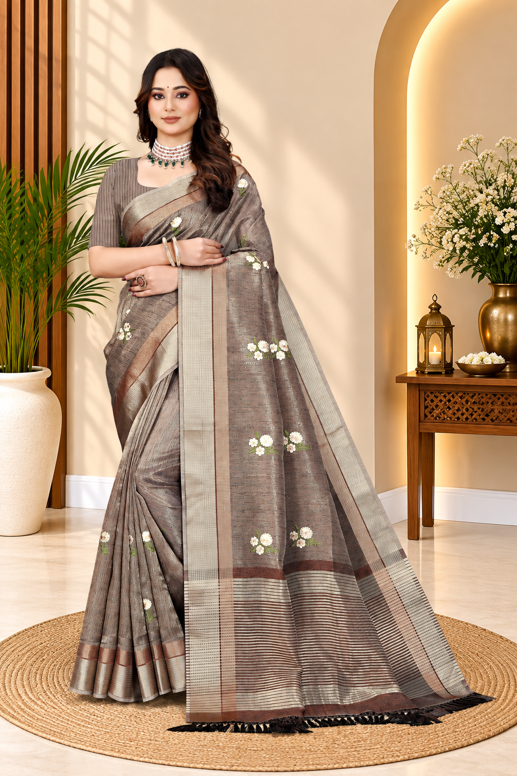 OWLSKY, SASSY & STYLO Women's Latest Elegant Linen Saree Foil Print work with Unstitched Blouse | Traditional Festive Collection Coffee Brown