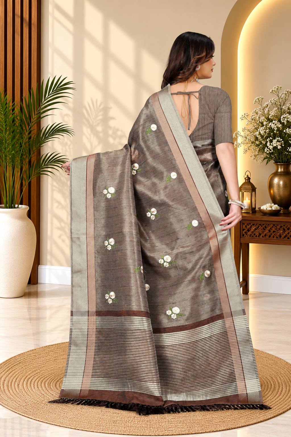 OWLSKY, SASSY & STYLO Women's Latest Elegant Linen Saree Foil Print work with Unstitched Blouse | Traditional Festive Collection Coffee Brown
