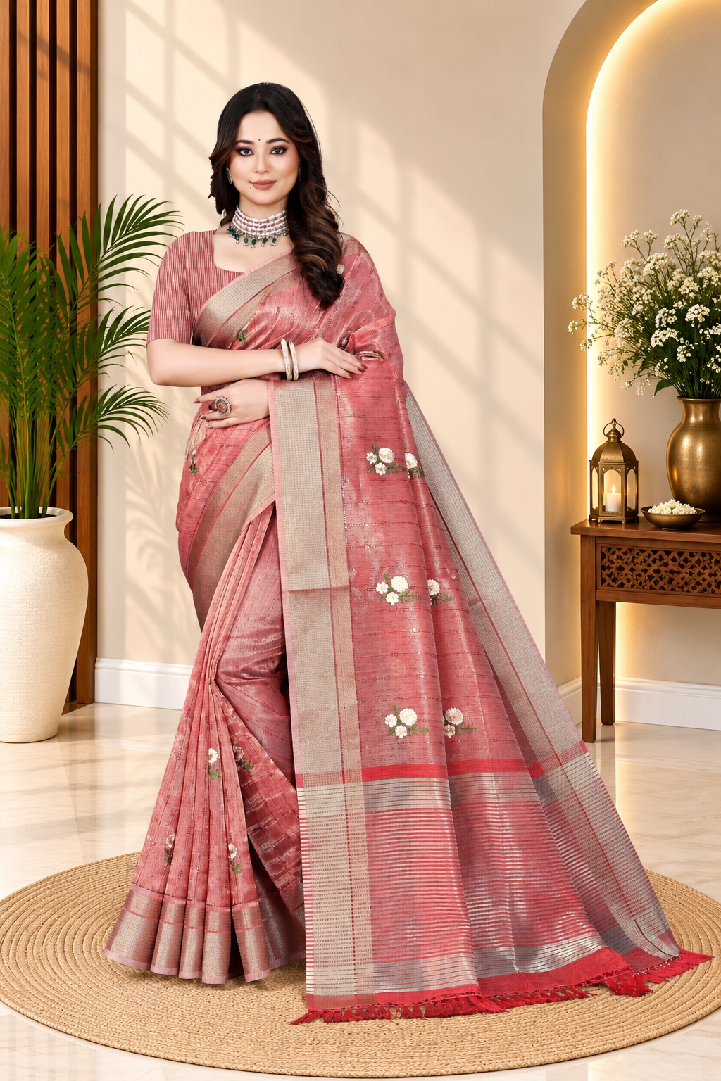 OWLSKY, SASSY & STYLO Women's Latest Elegant Linen Saree Foil Print work with Unstitched Blouse | Traditional Festive Collection Rose Pink