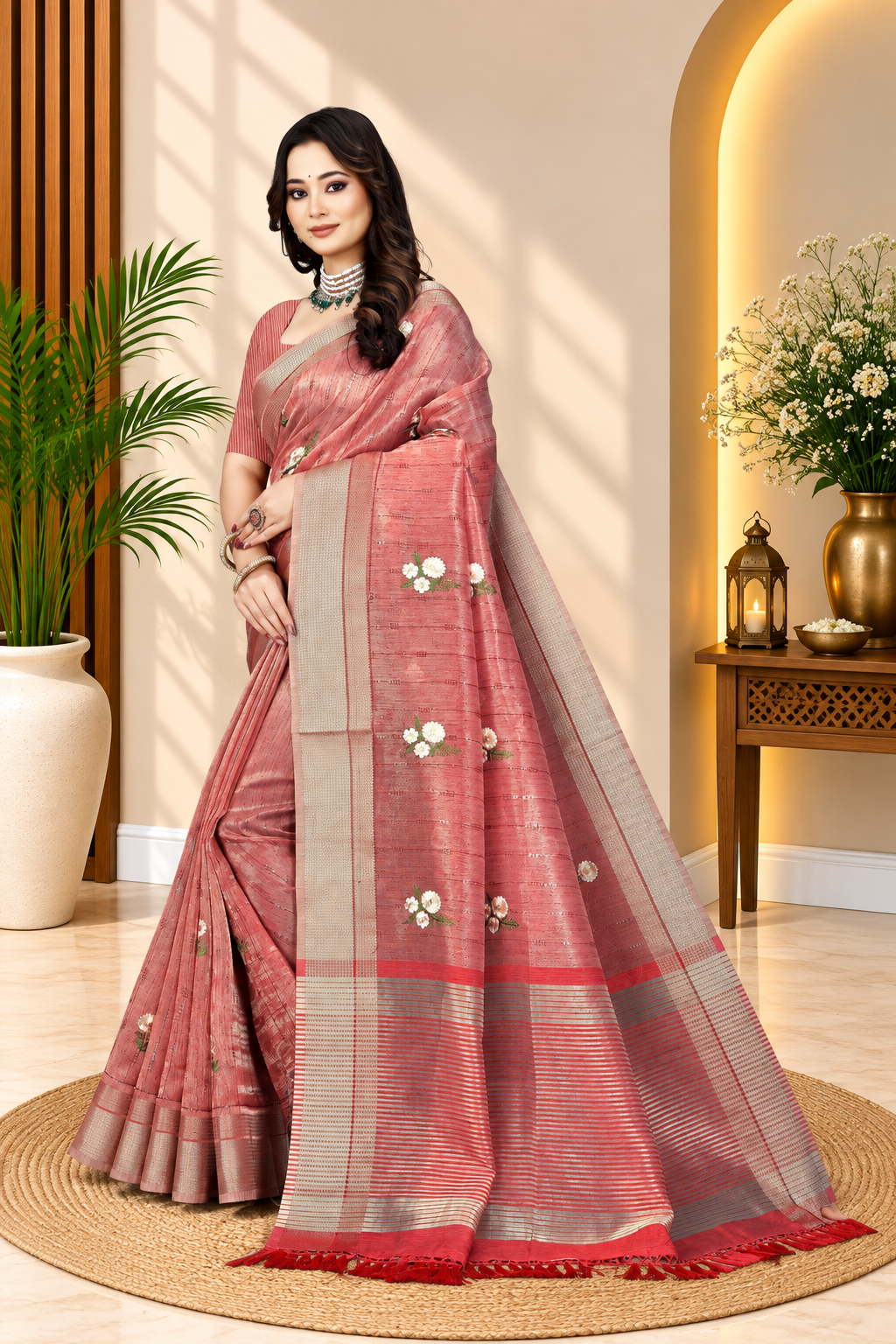 OWLSKY, SASSY & STYLO Women's Latest Elegant Linen Saree Foil Print work with Unstitched Blouse | Traditional Festive Collection Rose Pink
