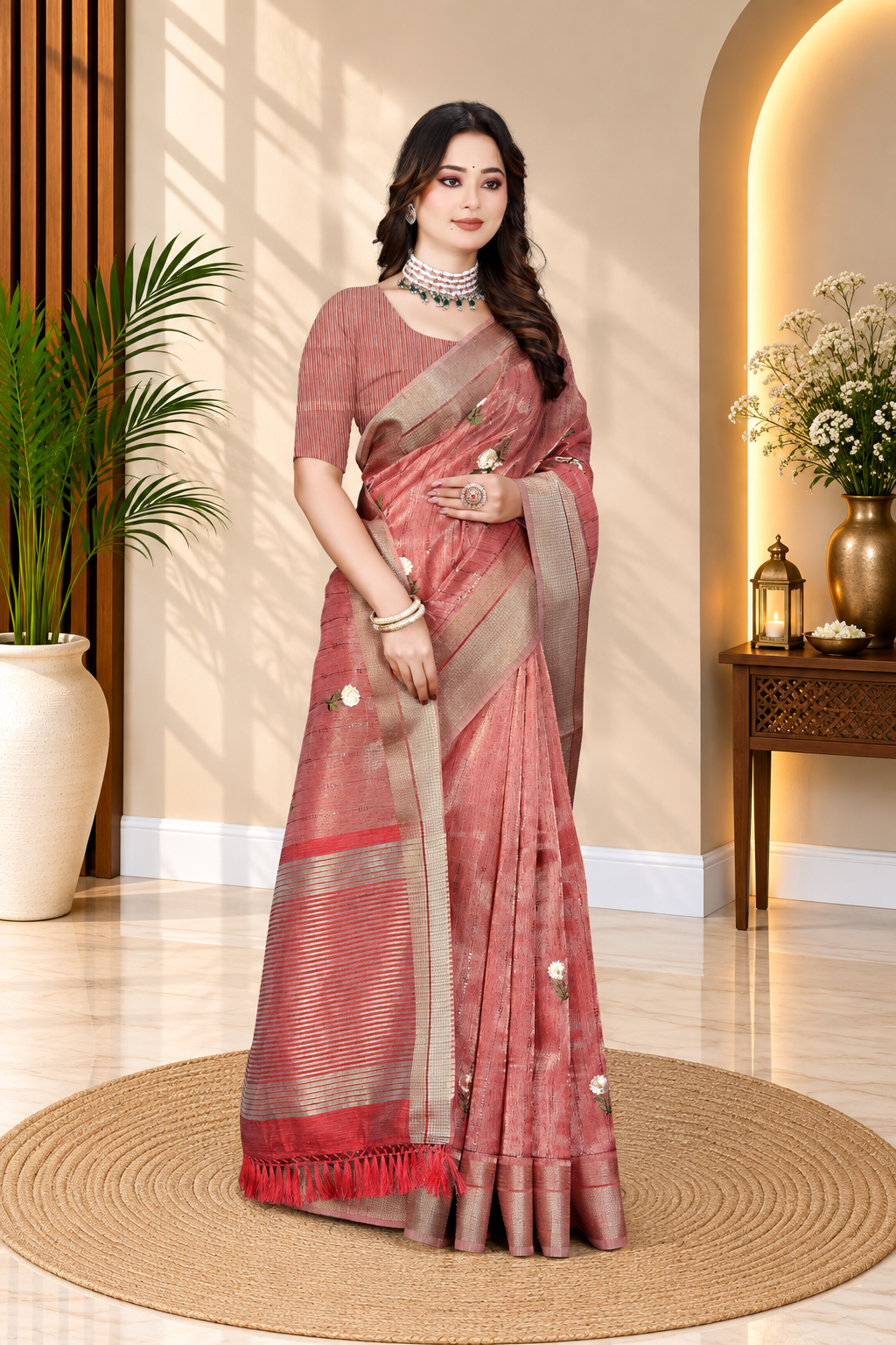 OWLSKY, SASSY & STYLO Women's Latest Elegant Linen Saree Foil Print work with Unstitched Blouse | Traditional Festive Collection Rose Pink