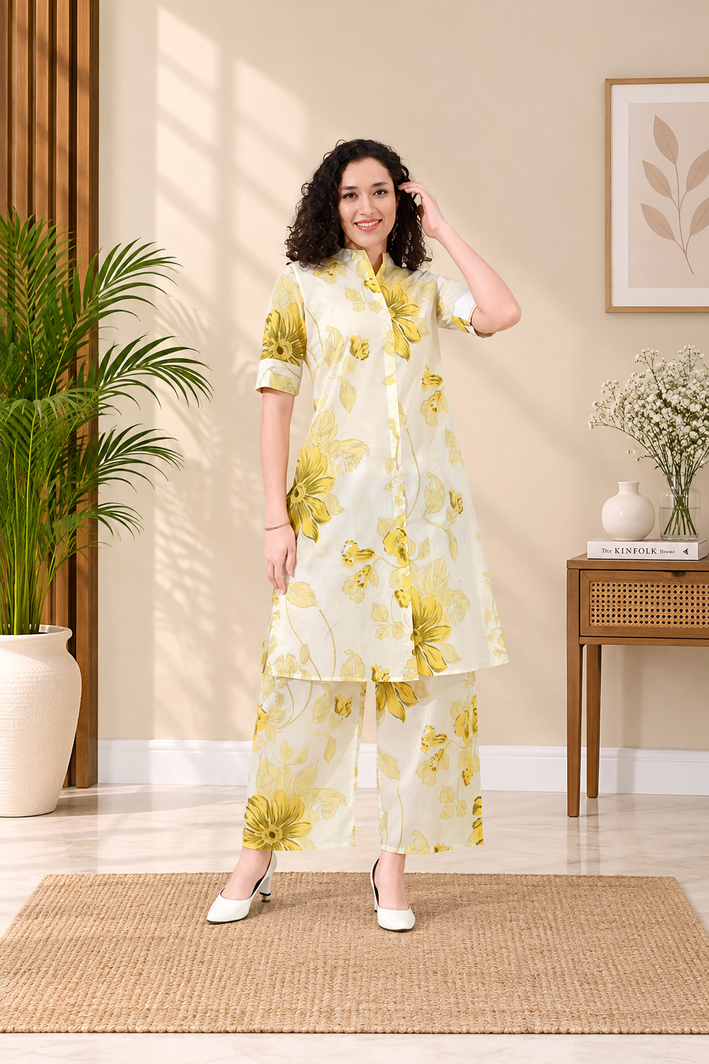 OWLSKY, SASSY & STYLO Women’s Cotton Floral Printed Co-ord Set of Kurta and Pants | Stylish Casual Two-Piece Outfit | V Neck 3/4 Sleeve | Casual Wear With Pockets Yellow