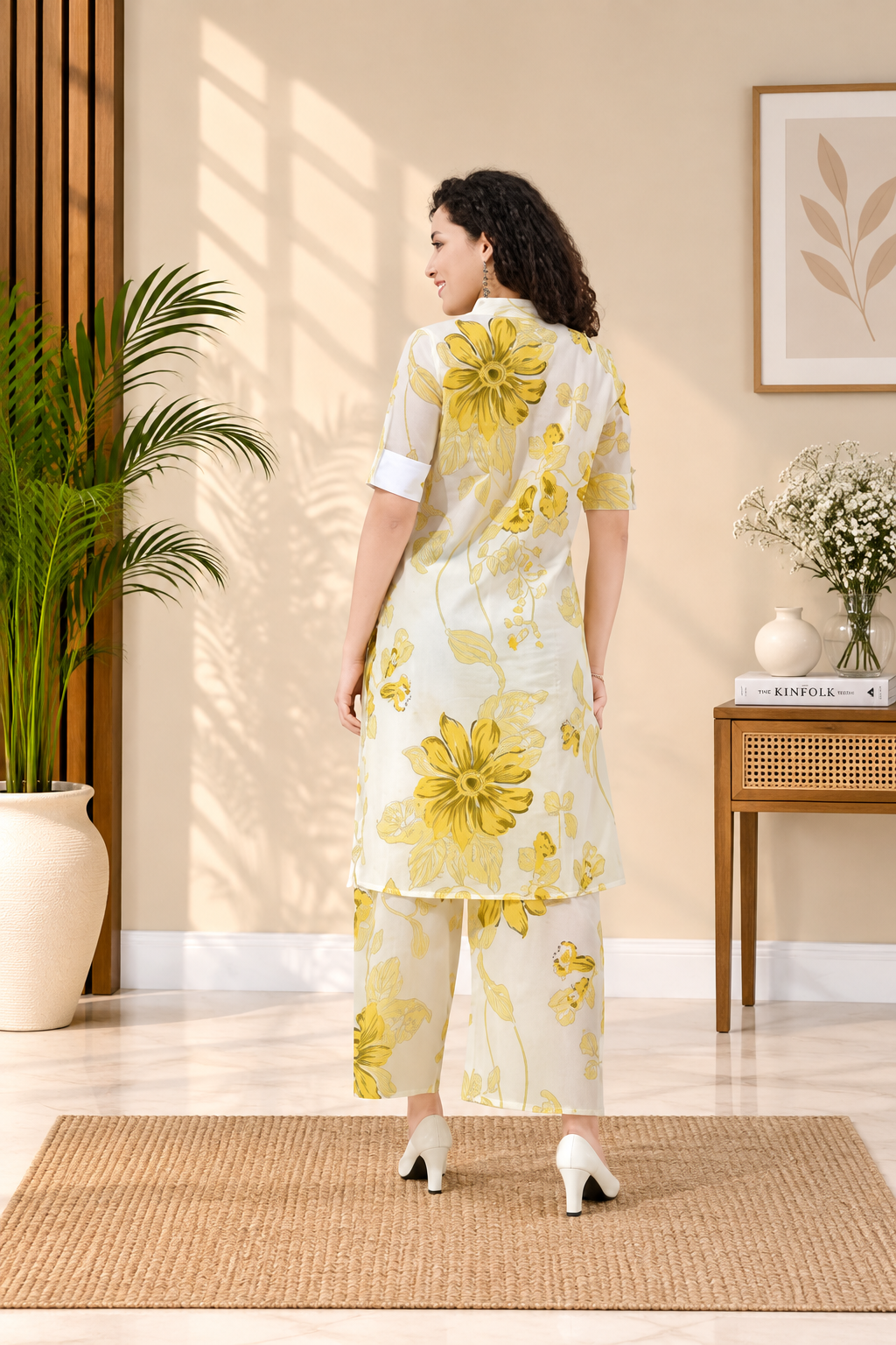OWLSKY, SASSY & STYLO Women’s Cotton Floral Printed Co-ord Set of Kurta and Pants | Stylish Casual Two-Piece Outfit | V Neck 3/4 Sleeve | Casual Wear With Pockets Yellow