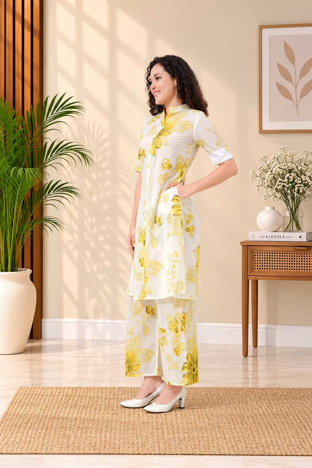 OWLSKY, SASSY & STYLO Women’s Cotton Floral Printed Co-ord Set of Kurta and Pants | Stylish Casual Two-Piece Outfit | V Neck 3/4 Sleeve | Casual Wear With Pockets Yellow