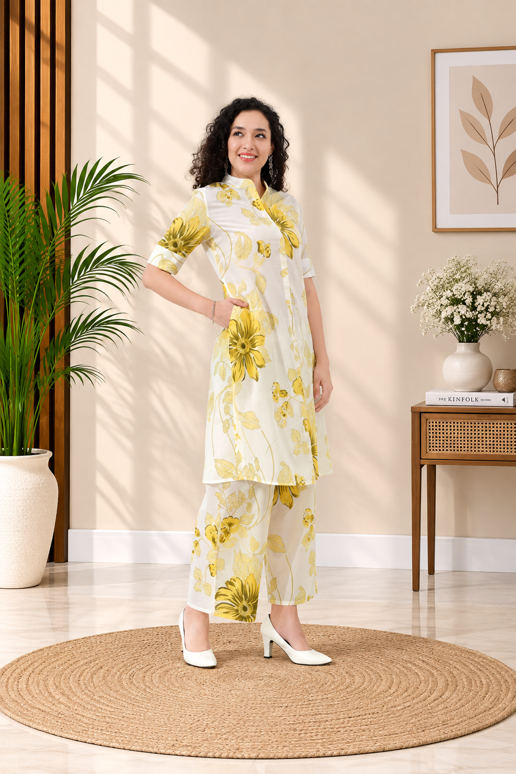 OWLSKY, SASSY & STYLO Women’s Cotton Floral Printed Co-ord Set of Kurta and Pants | Stylish Casual Two-Piece Outfit | V Neck 3/4 Sleeve | Casual Wear With Pockets Yellow