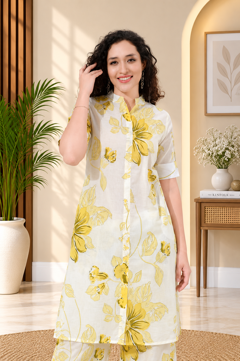 OWLSKY, SASSY & STYLO Women’s Cotton Floral Printed Co-ord Set of Kurta and Pants | Stylish Casual Two-Piece Outfit | V Neck 3/4 Sleeve | Casual Wear With Pockets Yellow