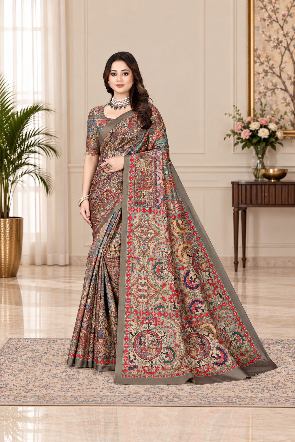 Madhubani Print Manipuri Silk Saree for Women | Indian Ethnic Party & Casual Wear | Unstitched Blouse Included-Grey