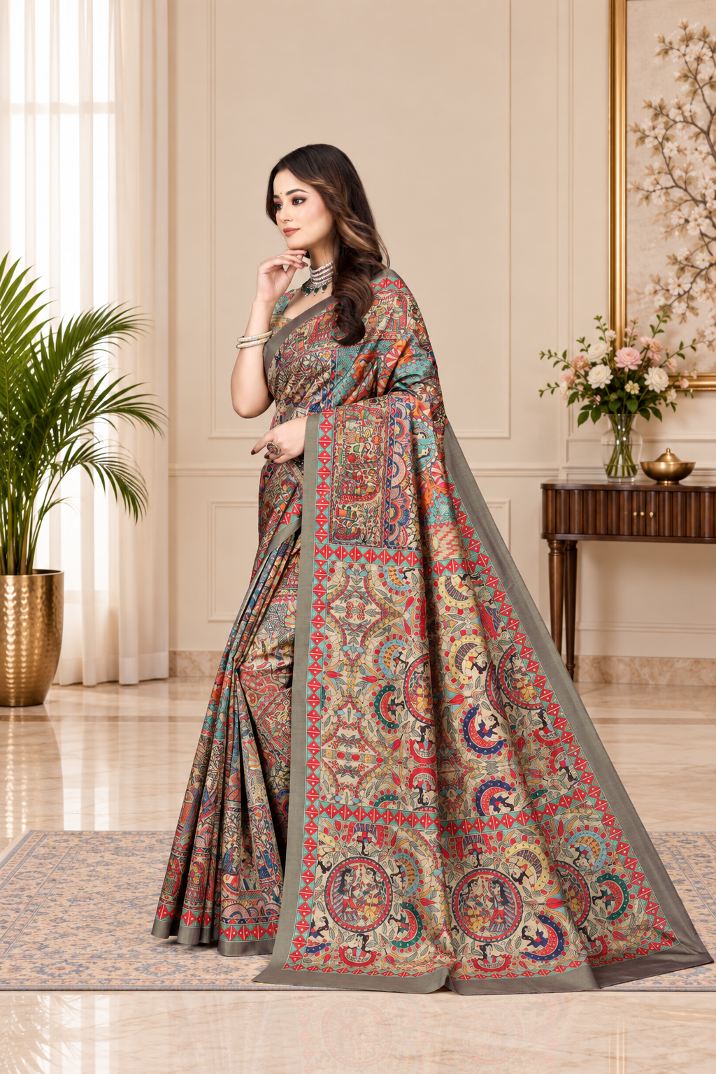 Madhubani Print Manipuri Silk Saree for Women | Indian Ethnic Party & Casual Wear | Unstitched Blouse Included-Grey