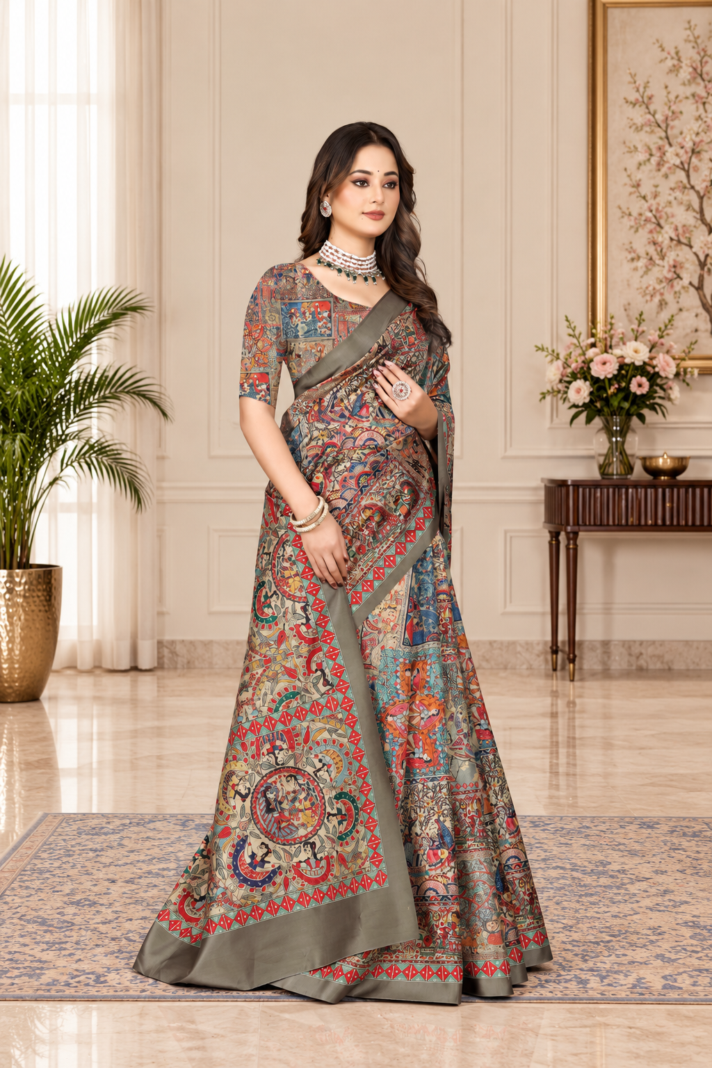 Madhubani Print Manipuri Silk Saree for Women | Indian Ethnic Party & Casual Wear | Unstitched Blouse Included-Grey
