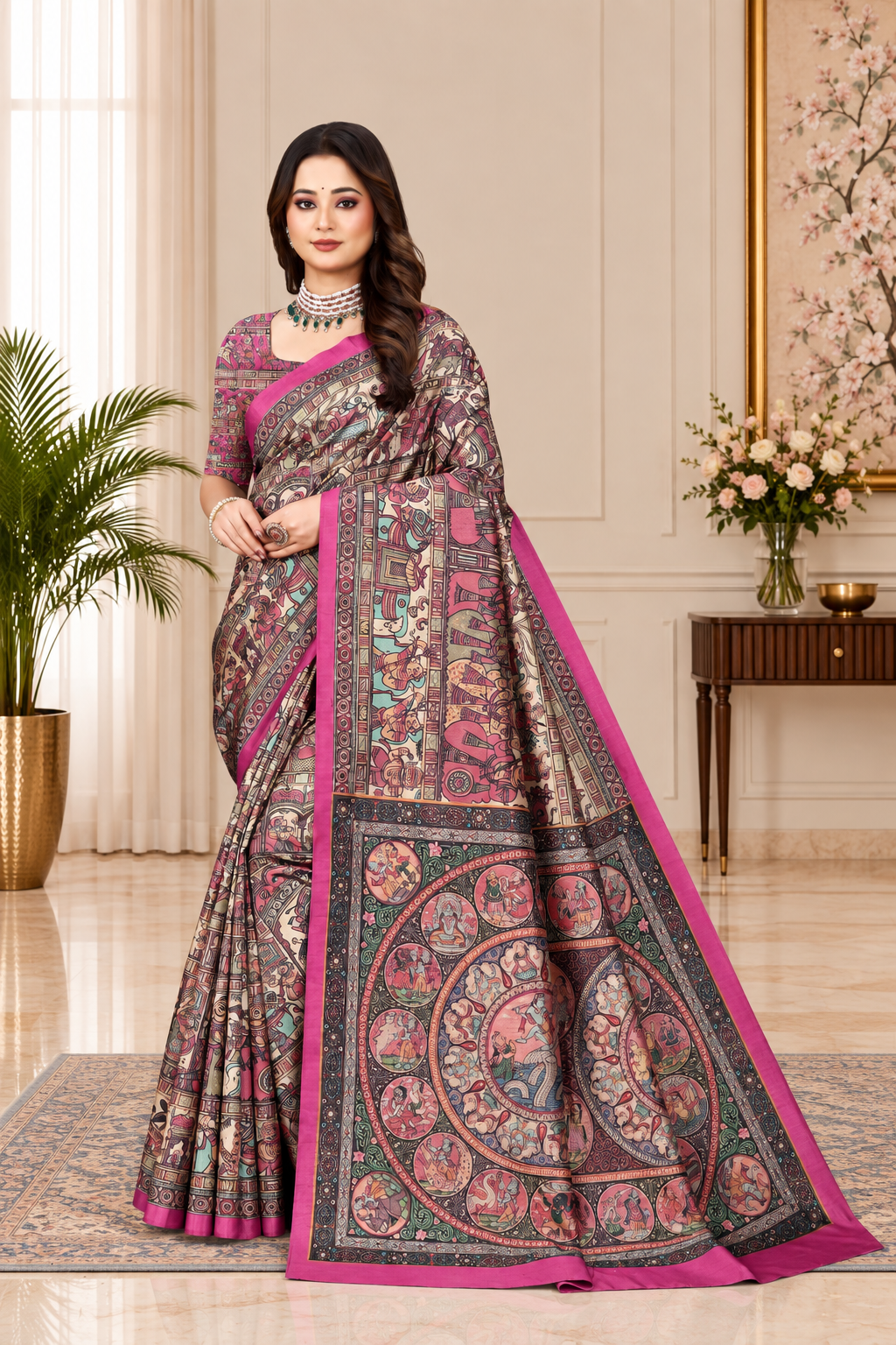 Madhubani Print Manipuri Silk Saree for Women | Indian Ethnic Party & Casual Wear | Unstitched Blouse Included Pink
