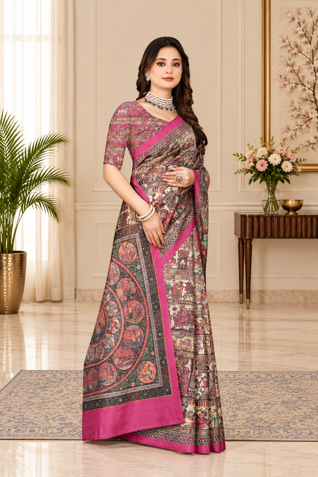 Madhubani Print Manipuri Silk Saree for Women | Indian Ethnic Party & Casual Wear | Unstitched Blouse Included-Pink