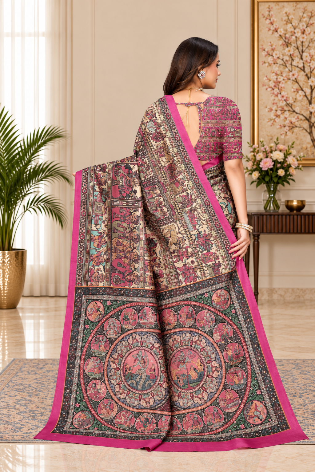 Madhubani Print Manipuri Silk Saree for Women | Indian Ethnic Party & Casual Wear | Unstitched Blouse Included Pink