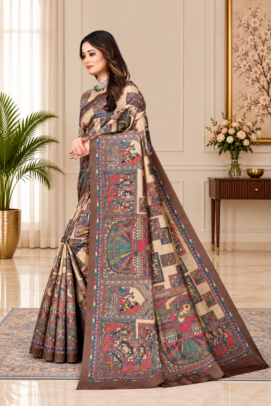 Madhubani Print Manipuri Silk Saree for Women | Indian Ethnic Party & Casual Wear | Unstitched Blouse Included Maroon