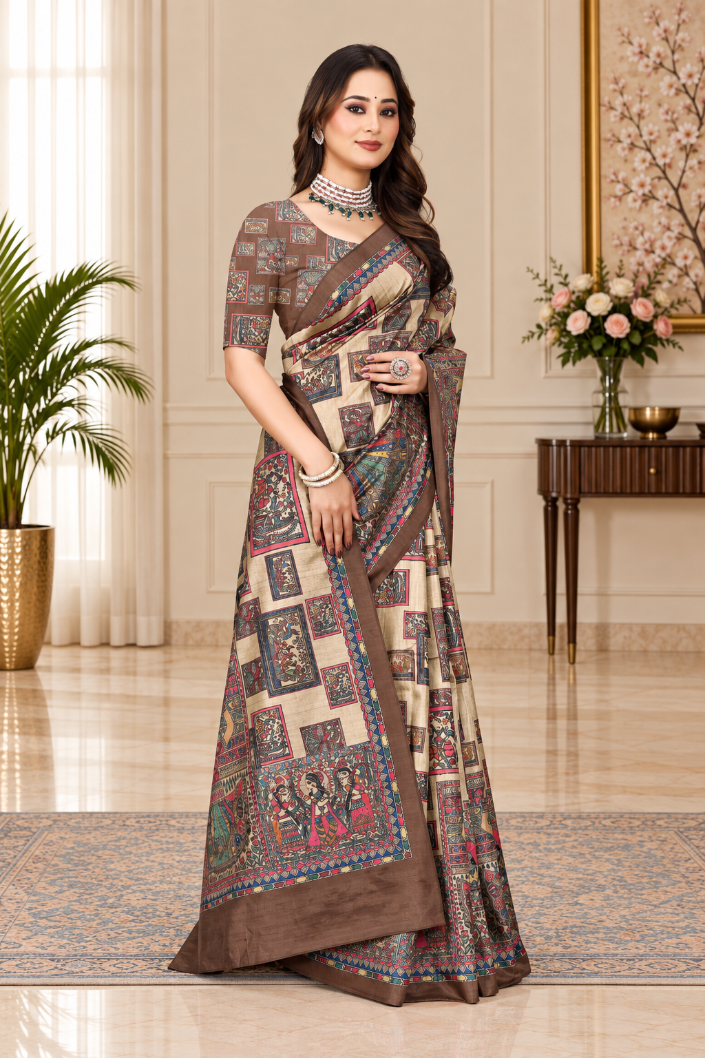 Madhubani Print Manipuri Silk Saree for Women | Indian Ethnic Party & Casual Wear | Unstitched Blouse Included Maroon