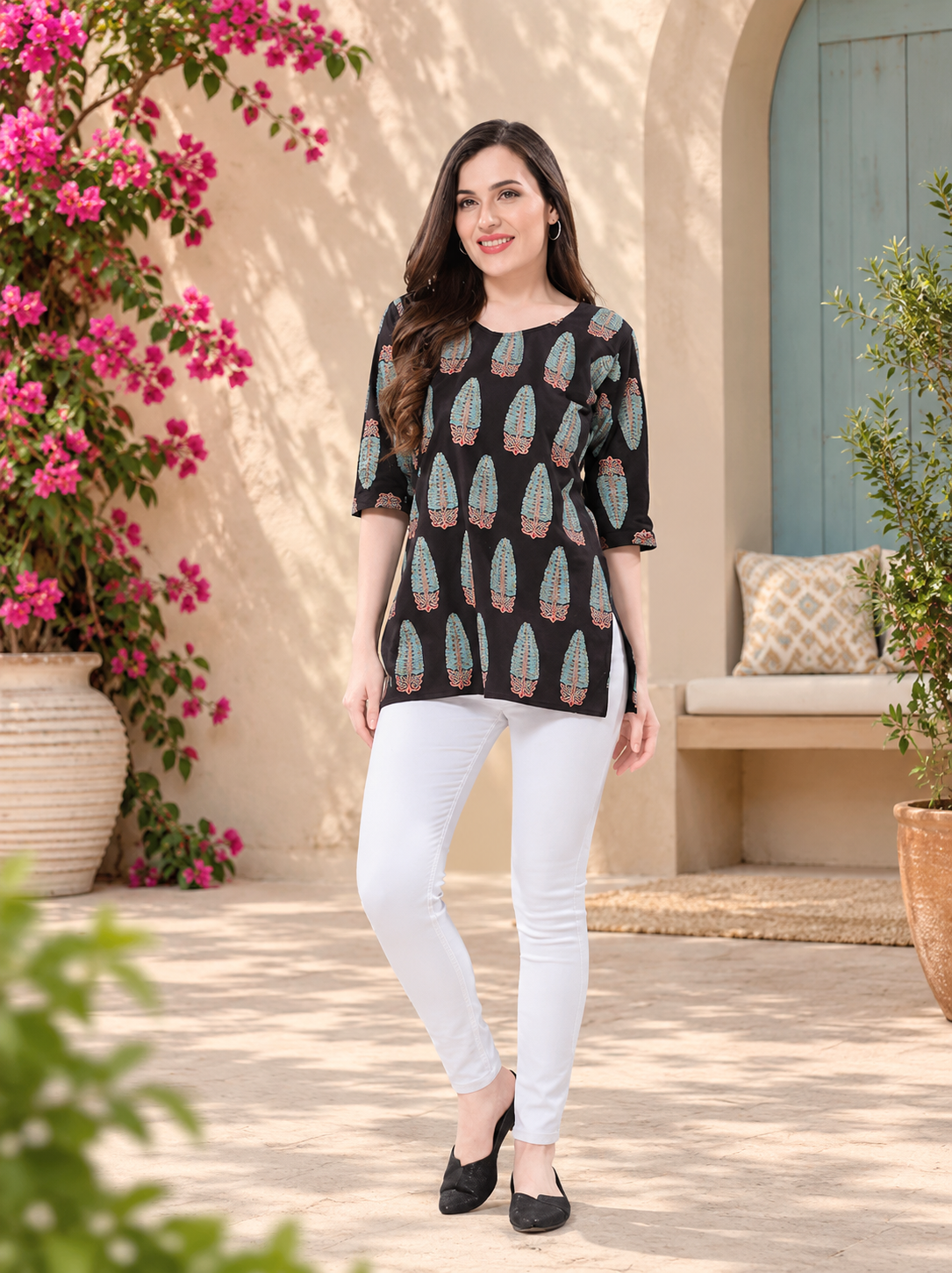 Owlsky Women's Black Pure Cotton Kalamkari Printed Short Kurta | 3/4 Sleeve | Office & Casual Kurta for Jeans, Leggings & Trousers