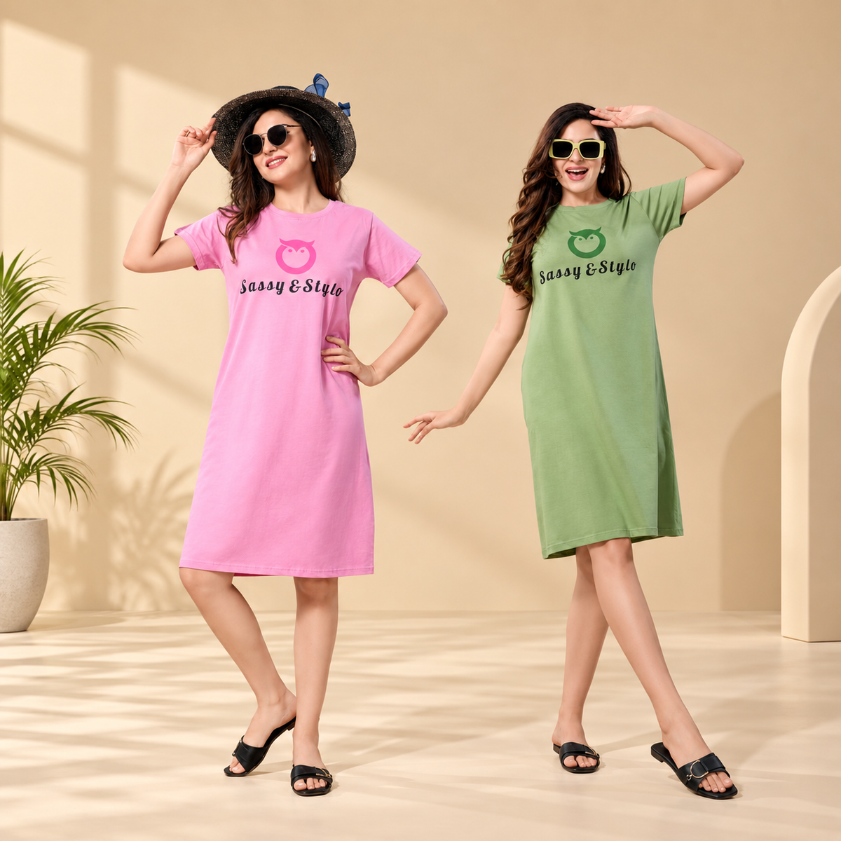 Women's Solid Printed Casual Relaxed Cotton Knee Length Regular Fit Nighty Combo Set of 2