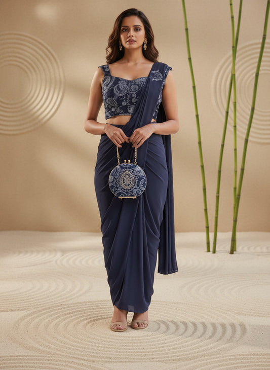 Women Navy Blue Ready-to-Wear One Minute Saree with Embroidered Sleeveless Blouse | Premium Lycra Party,Wedding & Festive