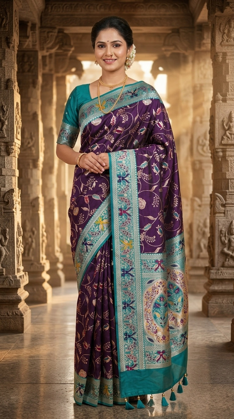 PREMIUM Soft Paithani Silk Saree for Women with Meenakari Zari Weaving, Rich Peacock Pallu, Floral Border & Tassels with Brocade Blouse