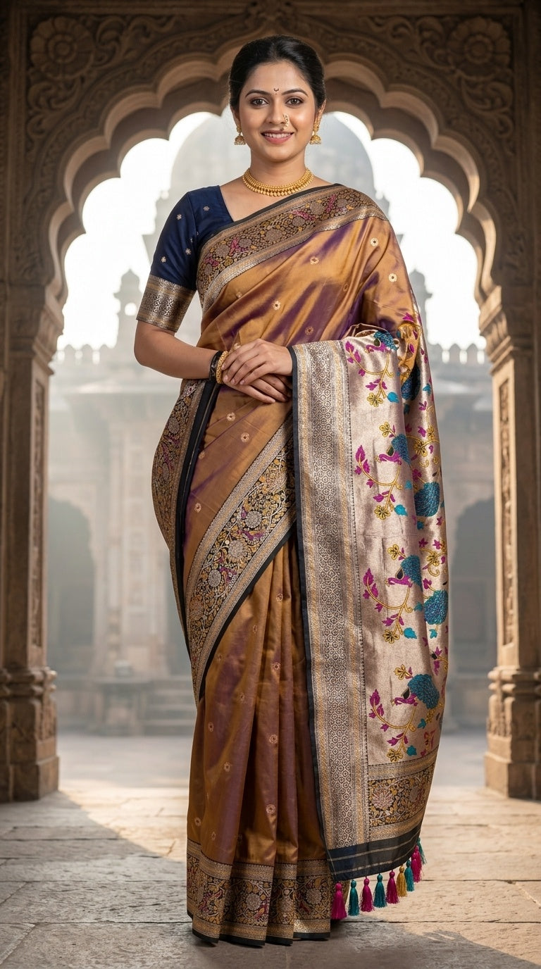 Premium Soft Paithani Silk Saree for Women with Meenakari Zari Weaving, Rich Peacock Pallu, Floral Border & Silk Brocade Blouse