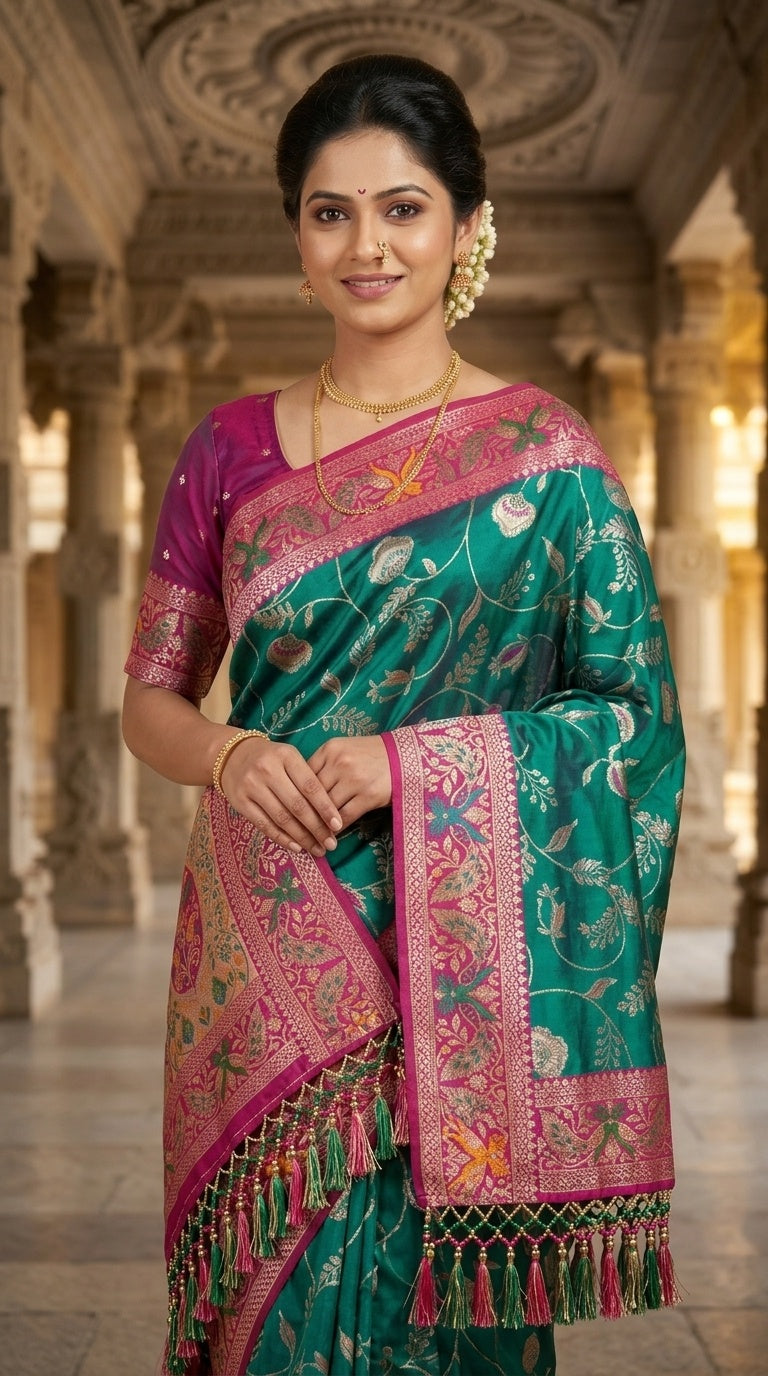 PREMIUM Soft Paithani Silk Saree for Women with Meenakari Zari Weaving, Rich Peacock Pallu, Floral Border & Tassels with Brocade Blouse