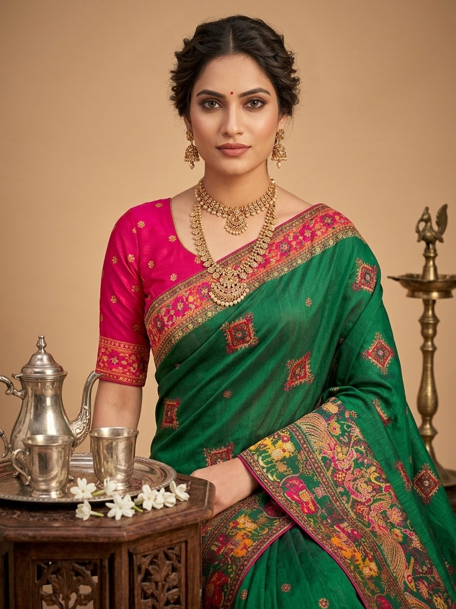 OWLSKY, SASSY & STYLO Women's Pure Rajwadi Pashmina Silk Woven Saree with Kashmiri Thread Woven Pallu | Heavy Zari Elephant Border, Running Butti, Handmade Tassels | Contrast Unstitched Blouse