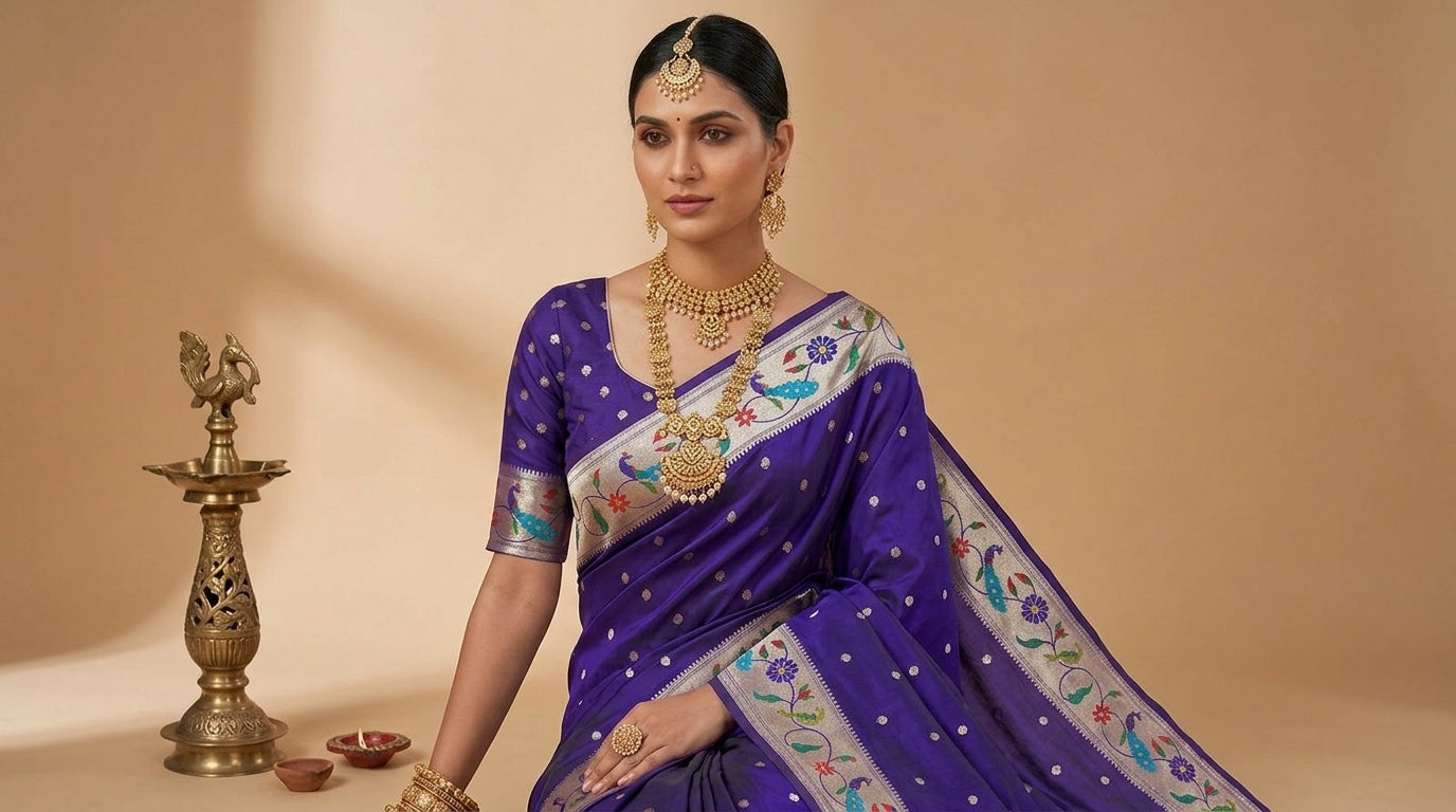 OWLSKY, SASSY & STYLO Women's Paithani Silk Saree with Zari Motif Design| Meenakari Rich Pallu with Tessels Attched | Peacock Floral Border | Traditional Festive Saree with Silk Blouse Piece