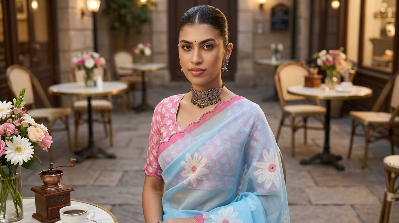 OWLSKY, SASSY & STYLO Women's Premium Soft Organza Floral Printed Saree with Scallop Border | Lightweight Organza Saree with Unstitched Blouse Piece
