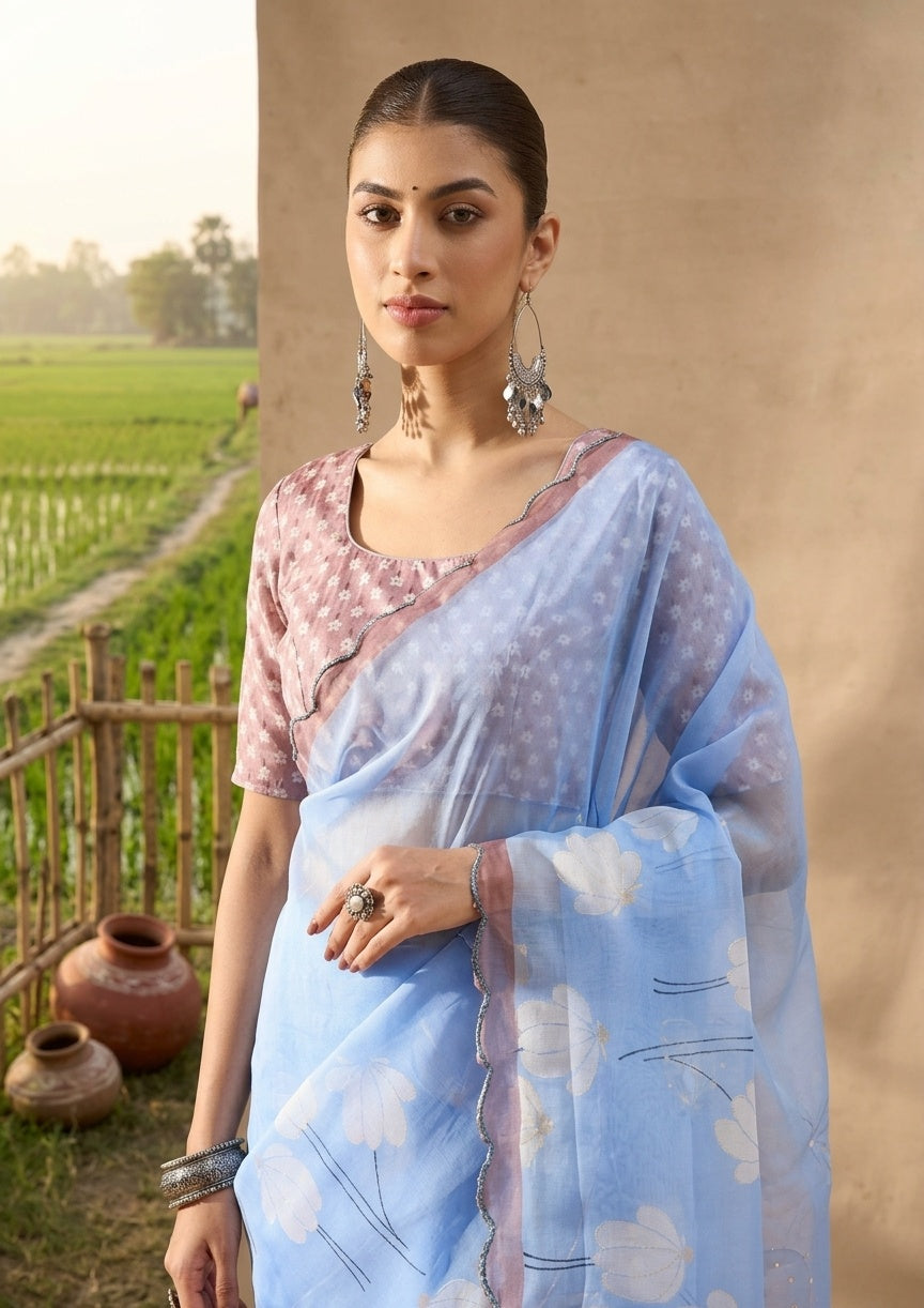 OWLSKY, SASSY & STYLO Women's Premium Soft Organza Floral Printed Saree with Scallop Border | Lightweight Organza Saree with Unstitched Blouse Piece